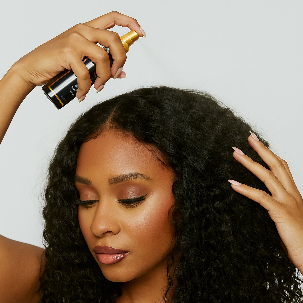 Woman applying hair product to her curly hair against a plain background