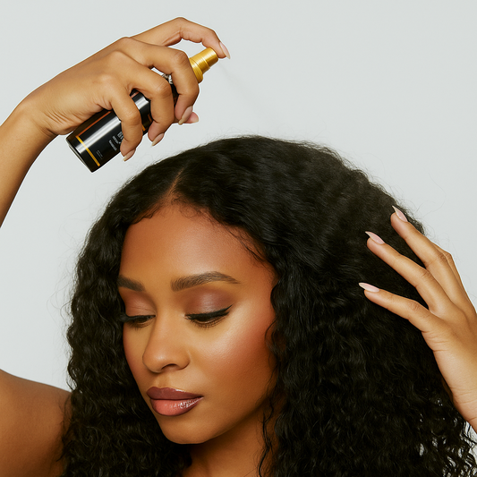 Woman applying hair product to her curly hair against a plain background